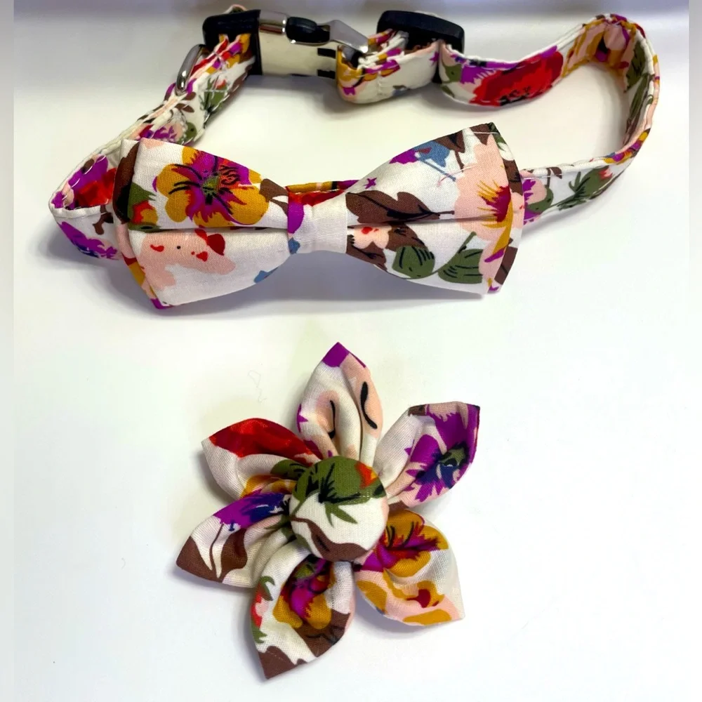 Floral Dog Collar with Bow and Flower Accessory Set NWT